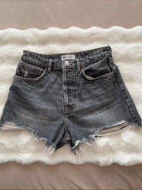ZARA Washed Black Distressed Denim Shorts